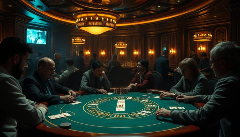 A dimly lit casino interior, with a focus on the baccarat table in the center. The table is illuminated by soft, warm lighting, creating a cozy and elegant atmosphere. Players are seated around the table, deep in concentration as they study the cards and contemplate their next move. The table surface is a rich, polished wood, with a green felt cloth and decorative gold trim. In the background, the room is filled with the hushed murmurs of conversation and the occasional clink of glasses. The overall scene conveys the strategic and thoughtful nature of the baccarat game, inviting the viewer to imagine the diverse strategies and approaches employed by the players.