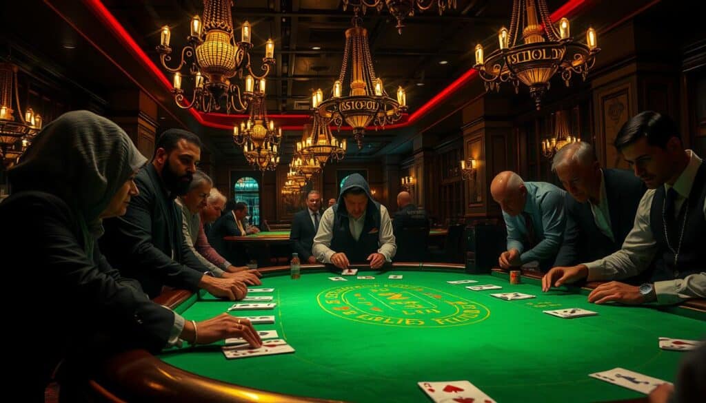 A dimly lit casino interior, with a glowing green baize-covered baccarat table at the center. Elegant chandeliers cast a warm glow, creating an atmosphere of sophistication and anticipation. Experienced players lean intently over the table, their faces partially obscured by the shadows, reflecting the tension and concentration of the game. The table is meticulously arranged with crisp cards, polished chips, and a lone croupier presiding over the proceedings with a steady hand. The scene conveys the secrets and strategies that separate the victors from the vanquished in this captivating game of chance and skill.