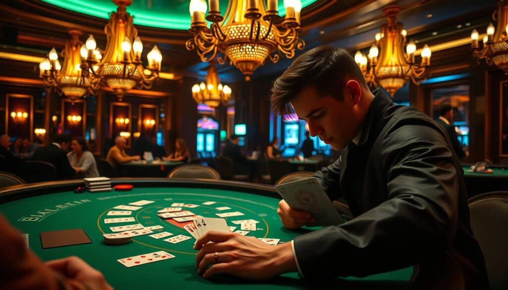 A dimly lit casino interior, with a green baize-covered baccarat table as the focal point. Elegant chandeliers cast a warm glow, illuminating the hands of a skilled player carefully reading the patterns of the dealt cards. The player's face is partially obscured, their concentration evident as they intently study the cards, determining the rhythm and flow of the game. In the background, the hum of casino activity can be seen, with other players engaged in the thrill of the cards. A sense of tension and anticipation permeates the scene, as the player seeks to unravel the game's secrets and gain the upper hand.