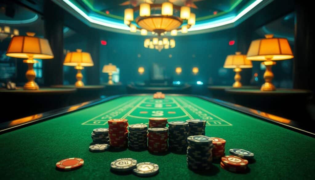 A dimly lit casino interior, with a green baize-covered baccarat table taking center stage. Softly glowing table lamps cast a warm, inviting glow, while the edges of the frame are slightly softened, creating a sense of depth and atmosphere. On the table, a variety of casino chips in various denominations are arranged in neat stacks, representing different betting strategies. The overall mood is one of thoughtful contemplation, as the player considers their next move, weighing the odds and potential outcomes. The image should convey the sense of a carefully calculated approach to the game, reflecting the "常見的下注策略" (common betting strategies) discussed in the article.