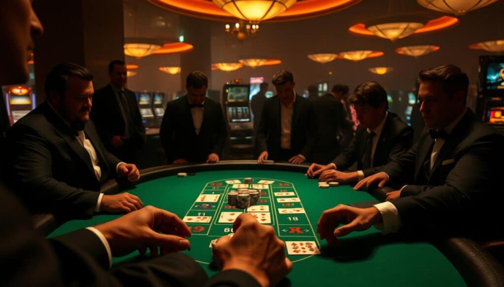 A dimly lit casino interior, with a green felt-covered baccarat table as the central focus. The table is surrounded by well-dressed patrons, their faces intently studying the cards and chips before them. Soft, warm lighting casts shadows across the scene, creating an air of tension and concentration. In the foreground, a player's hands delicately arrange their wagers, thoughtfully considering their next move. The background is hazy, with the faint outline of slot machines and other gaming tables visible, suggesting the bustling energy of the casino. The overall atmosphere is one of strategic contemplation, as the players navigate the nuances of the baccarat game.