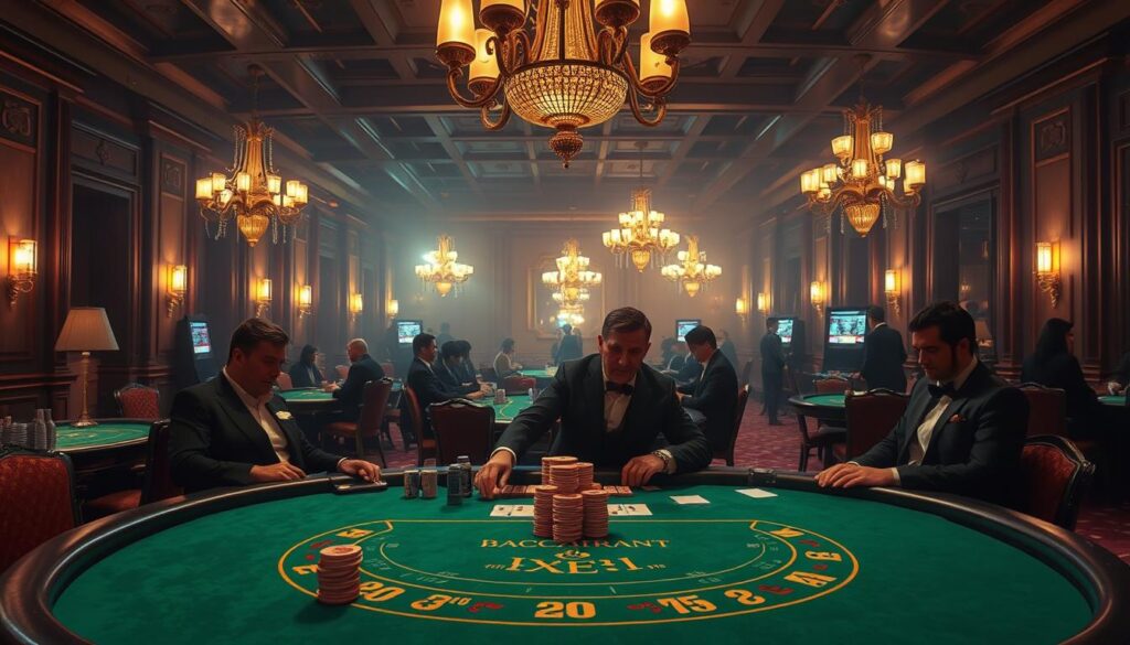 A dimly lit casino interior, with a green felt-covered baccarat table in the foreground. Elegant chandeliers cast a warm glow, illuminating the plush carpets and polished wood paneling. Smartly dressed players are seated around the table, their faces partially obscured by the dim lighting, creating an air of mystery and anticipation. The table is adorned with stacks of casino chips, cards, and a dealer presiding over the game. The background is hazy, with the faint silhouettes of other gaming tables and patrons visible, evoking the excitement and energy of a classic casino atmosphere.