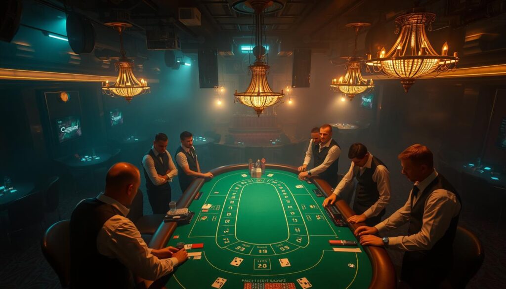 A dimly lit casino interior, with a green-felted baccarat table at the center. Dealers in crisp white shirts and black vests stand ready, as players lean in, faces illuminated by the warm glow of hanging chandeliers. The table is adorned with gleaming chips and cards, while the background is shrouded in a hazy atmosphere, evoking the thrill and tension of the game. Overhead, a high-angled view captures the scene, emphasizing the grandeur and allure of the space. The overall mood is one of sophistication and high-stakes excitement, setting the stage for a captivating narrative of casino gaming strategy and triumph.