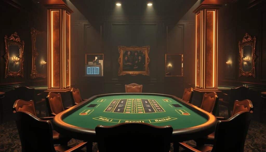 A dimly lit casino interior, with a large baccarat table as the focal point. The table is surrounded by elegant wooden chairs, and the walls are adorned with ornate gold-framed mirrors. Soft, warm lighting casts a subtle glow over the scene, creating an atmosphere of sophistication and exclusivity. The table's green felt surface is pristine, inviting players to gather and try their luck at the classic card game. A sense of anticipation and excitement permeates the air, as the rules of baccarat are displayed on a discreet plaque, guiding both experienced and newcomer players through the nuances of this time-honored casino tradition.