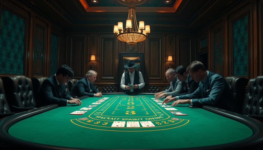 A dimly lit casino interior, with a large baccarat table at the center. Elegant wood paneling and plush leather armchairs in the background, creating an atmosphere of sophistication. The table is illuminated by a single chandelier above, casting a warm glow on the green felt surface. Players lean in, examining their cards intently, while a discreet dealer oversees the game. The scene conveys the tension and excitement of an authentic baccarat experience, showcasing the subtle differences between online and in-person gameplay.