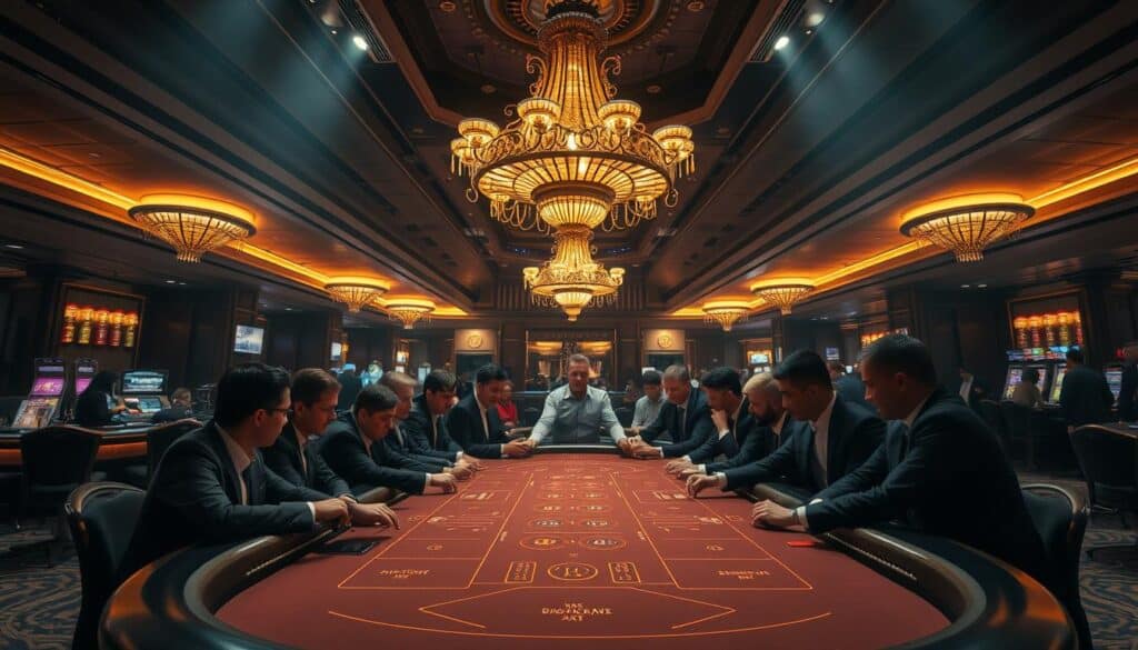 A dimly lit casino interior, with a large baccarat table prominently placed in the center. The table is surrounded by smartly dressed players engaged in a spirited game, their faces animated with excitement. Overhead, a ornate chandelier casts a warm, golden glow over the scene. In the background, glimpses of other casino amenities can be seen, hinting at the full range of offerings. The overall atmosphere is one of sophisticated elegance and high-stakes thrills, capturing the essence of the latest baccarat gaming updates and special promotions.