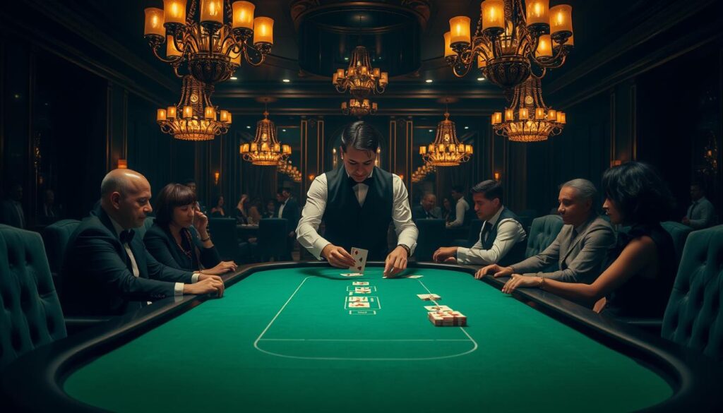 A dimly lit casino interior, with a large baccarat table taking center stage. The felt surface is a rich green, and the table is surrounded by plush velvet-upholstered chairs. Ornate chandeliers cast a warm, golden glow, creating an atmosphere of refined elegance. The croupier, dressed in a crisp white shirt and black vest, expertly deals the cards, their movements fluid and precise. The players, adorned in evening attire, lean forward intently, their expressions a mix of concentration and anticipation. In the background, the faint sound of clinking glasses and muted conversation creates a sense of sophistication and excitement. The scene captures the quintessential experience of the baccarat game, where the rules of the game are the foundation for the thrill of the casino experience.