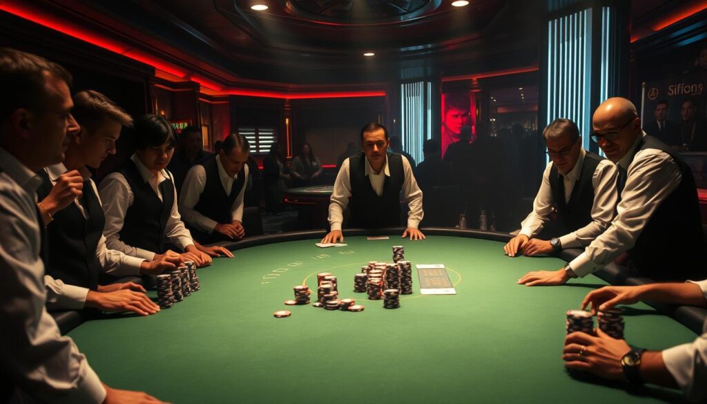 A dimly lit casino interior, with a large green felt-covered baccarat table at the center. Dealers in crisp white shirts and black vests stand ready, overseeing the game. Experienced players lean intently over the table, their expressions a mix of concentration and cautious optimism. Stacks of casino chips in various denominations are scattered across the baize, hinting at the high-stakes nature of the game. The atmosphere is tense yet electric, with the faint sound of shuffling cards and the occasional clinking of chips adding to the ambiance. Dramatic side lighting casts dramatic shadows, emphasizing the drama and intensity of the scene. The overall mood evokes the thrill and calculated risk of common baccarat strategies.