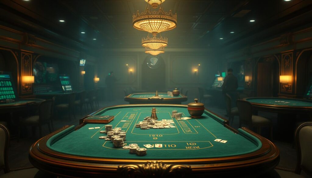 A dimly lit casino interior, with a large, ornate gaming table at the center. The table is adorned with a green felt surface, gold trim, and various casino chips and playing cards scattered across it. The background is hazy, with the faint outlines of other tables and gambling paraphernalia visible, creating a sense of depth and atmosphere. Soft, warm lighting casts a glow over the scene, lending a cozy, inviting ambiance. The overall mood is one of anticipation and excitement, capturing the essence of the "investment in gambling" experience.