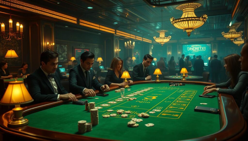 A dimly lit casino interior with a large, ornate wooden table at the center. The table is covered in a green felt surface, with various casino chips and playing cards scattered across it. In the foreground, a group of well-dressed individuals are engaged in a game of baccarat, their faces illuminated by the warm glow of table lamps. The background is hazy, with a sense of activity and energy, suggesting the bustling atmosphere of a lively casino. The image conveys a sense of strategic decision-making and the thrill of high-stakes gambling.