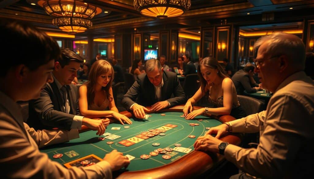 A dimly lit casino interior, with a lively game of baccarat unfolding at the center. Elegantly dressed players lean in, engrossed in the ritual of cards and chips, exchanging animated gestures and whispers. The table's green felt is illuminated by warm, golden lighting, casting a cozy, intimate atmosphere. In the background, the faint sounds of shuffling cards and the occasional cheer or murmur from nearby tables create a sense of shared experience and community. The scene captures the social, interactive nature of this traditional casino game, where chance, strategy, and the thrill of the moment converge.