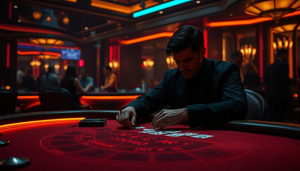 A dimly lit casino interior, with a lone gambler seated at a baccarat table, intently studying the cards. The table is bathed in a warm, amber-hued light, creating an intimate, contemplative atmosphere. The gambler's face is shadowed, their expression focused and determined, as they carefully consider their next move. In the background, the faint sound of shuffling cards and the muted chatter of other patrons create a sense of anticipation. The scene conveys the intensity and concentration of a successful baccarat player, their hard-earned experience and strategic mastery shaping the outcome of the game.