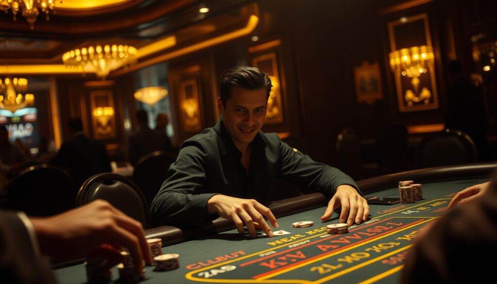 A dimly lit casino interior, with a lone player sitting at a high-stakes baccarat table, their face partially obscured in shadow. The player's hands deftly manipulate the cards, a subtle smile playing on their lips as they study the unfolding game. The table is surrounded by a sense of hushed intensity, with the faint sounds of chips clinking and the occasional murmur of spectators. The lighting casts a warm, golden glow, evoking the thrill and excitement of a successful gaming session. In the background, the faint outline of the casino's opulent decor is visible, hinting at the grandeur and high-stakes nature of the establishment.