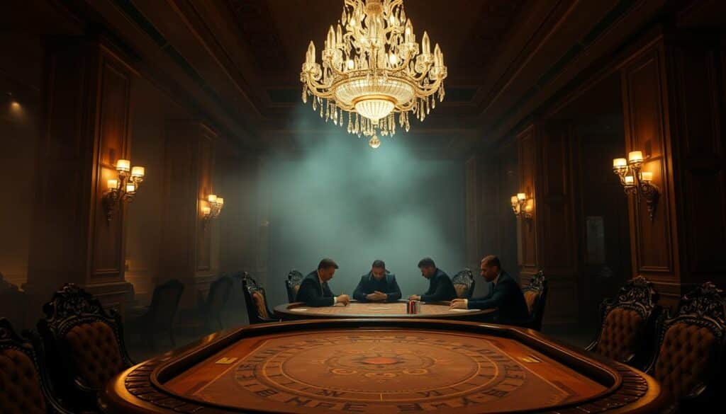 A dimly lit casino interior, with a ornately carved wooden baccarat table prominently placed in the foreground. The table is surrounded by luxurious upholstered chairs, creating an air of exclusive sophistication. In the middle ground, shadowy figures sit around the table, their faces obscured, engaged in the high-stakes game of baccarat. Overhead, a grand crystal chandelier casts a warm, ambient light, accentuating the rich, mahogany tones of the room. The background is hazy, suggesting a sense of mystery and secrecy, befitting the clandestine world of high-roller casino gaming. The overall atmosphere evokes the allure and thrill of the baccarat experience.