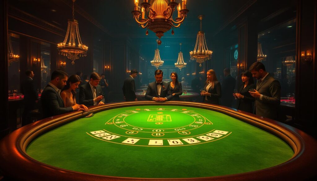 A dimly lit casino interior with a prominent baccarat table at the center. The table's green felt surface is illuminated by warm, golden light from overhead chandeliers, casting a cozy, inviting ambiance. Elegant, well-dressed players stand around the table, studying their cards intently. The background is filled with the subtle hum of conversation and the clink of crystal glasses. The entire scene conveys the sophisticated, sophisticated atmosphere of a high-stakes baccarat game.