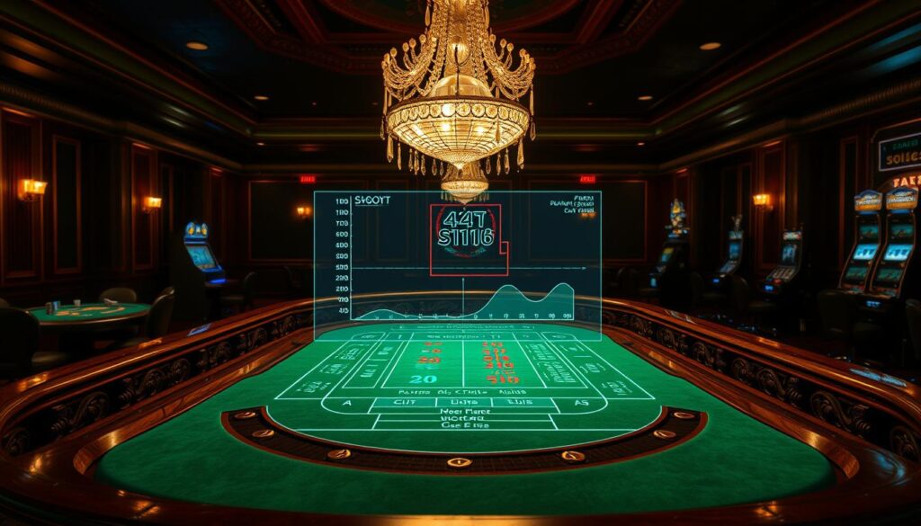 A dimly lit casino interior with a prominent baccarat table in the foreground. Plush green felt covers the table, surrounded by carved wooden edges and elegant brass railings. In the middle, a holographic display shows real-time statistical data and probability curves, illustrating the strategic application of mathematical analysis to the game. Overhead, a crystal chandelier casts a warm, amber glow, creating an atmosphere of sophistication and intellectual engagement. The background reveals other gaming tables and slot machines, hinting at the broader ecosystem of casino entertainment. The scene conveys a sense of analytical mastery over the seemingly chance-based game of baccarat.