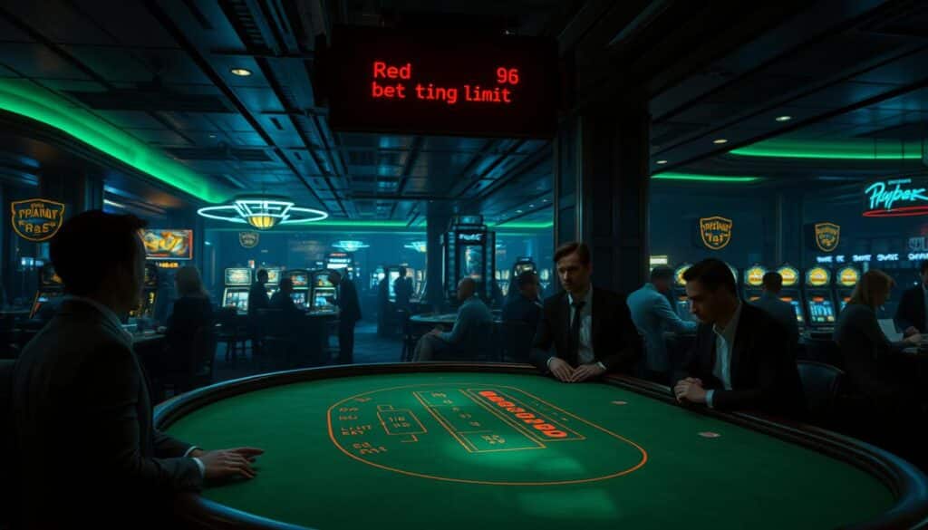 A dimly lit casino interior, with a prominent baccarat table in the foreground. The table is surrounded by well-dressed patrons, their faces illuminated by the soft glow of the green felt. Above the table, a digital display shows the betting limits, with the "red betting limit" highlighted. In the background, glimpses of slot machines and other gaming tables can be seen, creating a sense of bustling activity. The overall atmosphere conveys a sense of high-stakes excitement and strategic gameplay, as the casino optimizes its revenue through carefully calibrated betting limits.