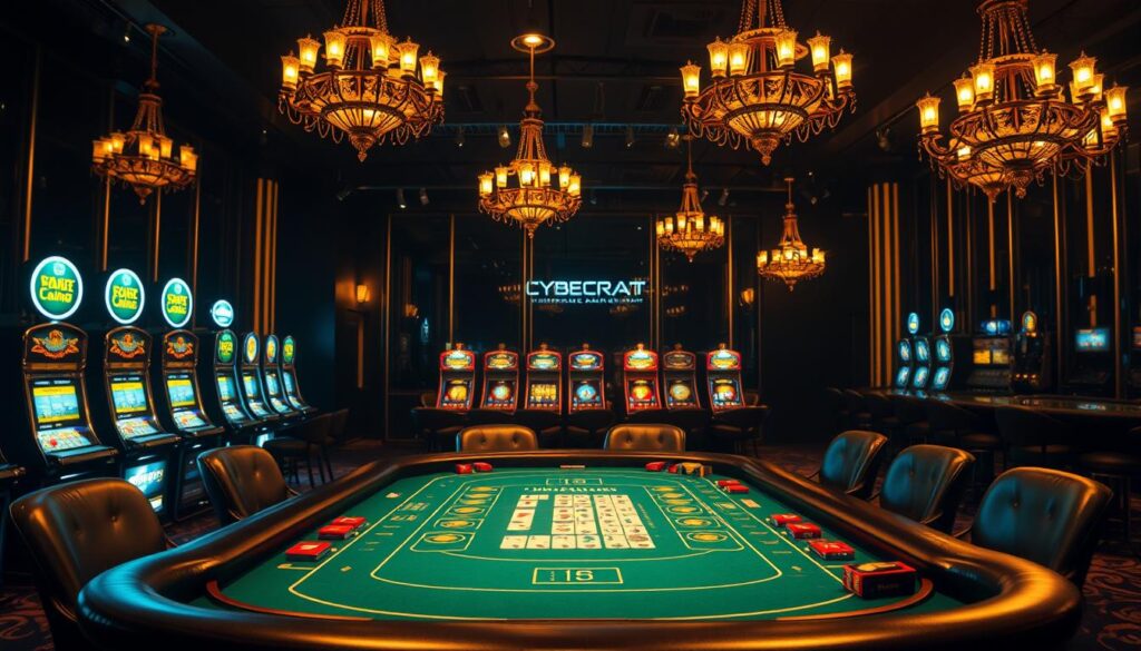 A dimly lit casino interior, with a rectangular baccarat table in the center. The table is adorned with green felt, and the cards and chips are neatly arranged. Elegant chandeliers cast a warm, golden glow, creating a sophisticated ambiance. In the background, a row of slot machines and gaming tables can be seen, hinting at the broader gaming experience. The scene conveys the importance of understanding the rules and mechanics of baccarat, a classic casino game with a rich history and strategic depth. The image should capture the essence of the game, inviting the viewer to explore the nuances of its gameplay and the potential for strategic advantage.