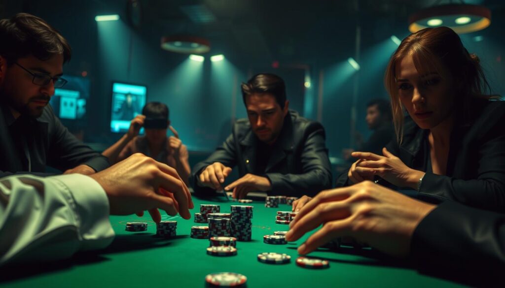 A dimly lit casino interior, with a sense of intensity and focus. In the foreground, a player's hands carefully arranging casino chips on a green felt table, strategizing their next move. The middle ground features other players engaged in the game, some with triumphant expressions, others contemplative. The background is hazy, emphasizing the concentration of the scene. Dramatic lighting casts shadows across the faces, creating a moody, high-stakes atmosphere. The camera angle is slightly elevated, giving a commanding perspective on the strategic gameplay unfolding below.