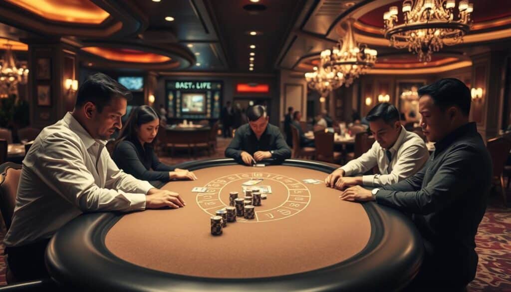 A dimly lit casino interior, with a sleek and sophisticated Baccarat table at the center. The table is surrounded by a few serious-looking players, their expressions focused as they study the cards and chips on the felt surface. Soft, warm lighting creates an atmosphere of intense concentration and strategic decision-making. The background is slightly blurred, revealing the elegant decor of the casino - plush carpets, ornate chandeliers, and discreet security cameras watching over the proceedings. The overall scene conveys the high-stakes, analytical nature of Baccarat gameplay, hinting at the insights and strategies that can be gleaned from a detailed case study of this classic casino game.