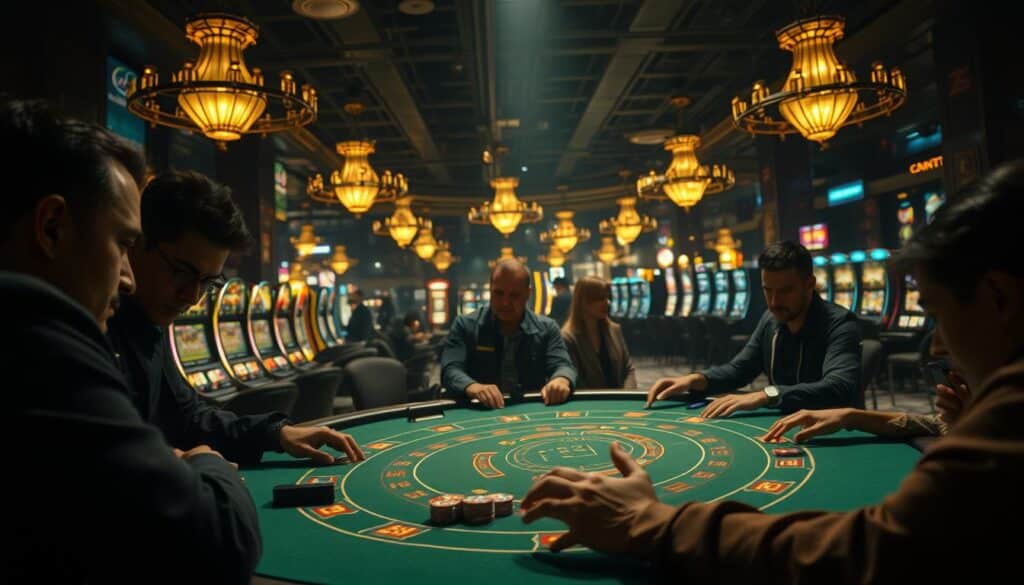 A dimly lit casino interior, with a spotlight focused on a baccarat table surrounded by intense-looking players. The table's green felt surface reflects the warm glow of the overhead chandeliers, and the players' faces are shrouded in shadows, conveying an air of concentration and risk. In the background, a maze of slot machines and gaming tables can be seen, their lights and sounds creating a pulsing energy. The scene is captured with a shallow depth of field, emphasizing the central focus on the baccarat game and the high-stakes decisions being made. The overall mood is one of strategic intensity, with the players' expressions conveying the weight of each wager.