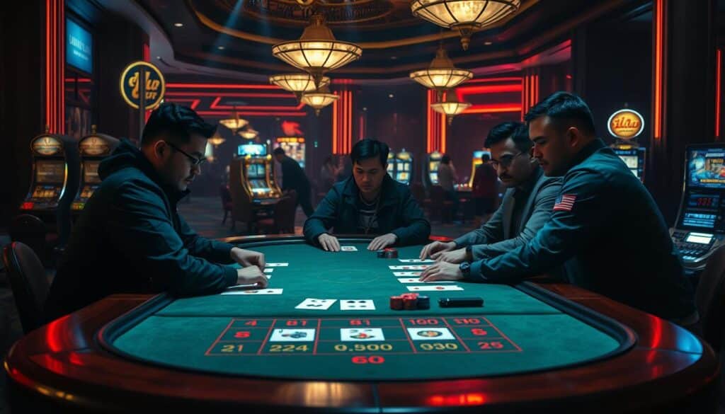 A dimly lit casino interior, with a table at the center showcasing a high-stakes baccarat game. The players' faces are etched with tension as they navigate the effects of the betting limit rule, known as "Xian Hong". The table's green felt and polished wood surfaces create a sense of sophistication, while the surrounding atmosphere is shrouded in atmospheric lighting, casting dramatic shadows across the scene. In the background, the hum of slot machines and muted conversations add to the immersive ambiance. The overall composition conveys the strategic decision-making and emotional impact experienced by players grappling with the implications of the "Xian Hong" rule within the thrilling world of baccarat.
