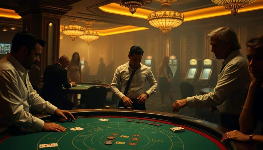A dimly lit casino interior, with a traditional baccarat table in the foreground. The table is adorned with elegant green felt, and a dealer in a crisp white shirt stands ready to deal the cards. Experienced players lean in, studying their hands intently, while a hint of cigarette smoke and the clink of chips add to the atmosphere. The background is hazy, with the faint outlines of other gaming tables and the occasional flash of a slot machine. Warm, golden lighting casts a soft glow over the scene, creating a sense of timeless elegance and hushed anticipation.