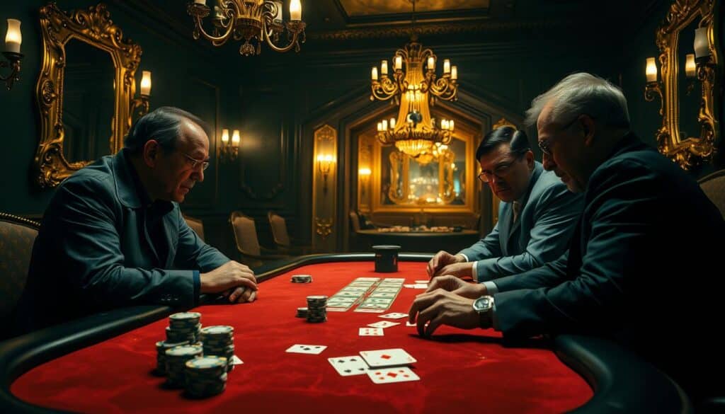 A dimly lit casino interior, with a well-worn felt-covered baccarat table at the center. On the table, stacks of casino chips, playing cards, and a pair of hands carefully calculating the odds. The walls are adorned with ornate gold-framed mirrors and chandeliers, casting a warm, atmospheric glow. Experienced players lean in, their expressions a mix of focus and anticipation, as they share strategies and insights garnered from years of gameplay. The scene conveys a sense of tradition, intensity, and the thrill of mastering the nuances of this classic casino game.