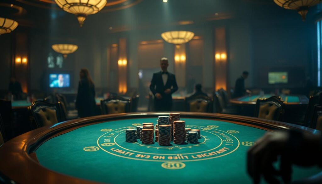 A dimly lit casino interior, with a wooden baccarat table in the foreground. The table is adorned with green felt and gilded edges, surrounded by ornate chairs. In the middle of the table, several stacks of casino chips in various denominations sit neatly arranged. The background is hazy, with the faint silhouettes of other gaming tables and patrons visible, creating an atmosphere of hushed intensity. Subtle lighting casts dramatic shadows, emphasizing the expert's hands as they meticulously arrange the chips, conveying a sense of strategic mastery and confident decision-making.