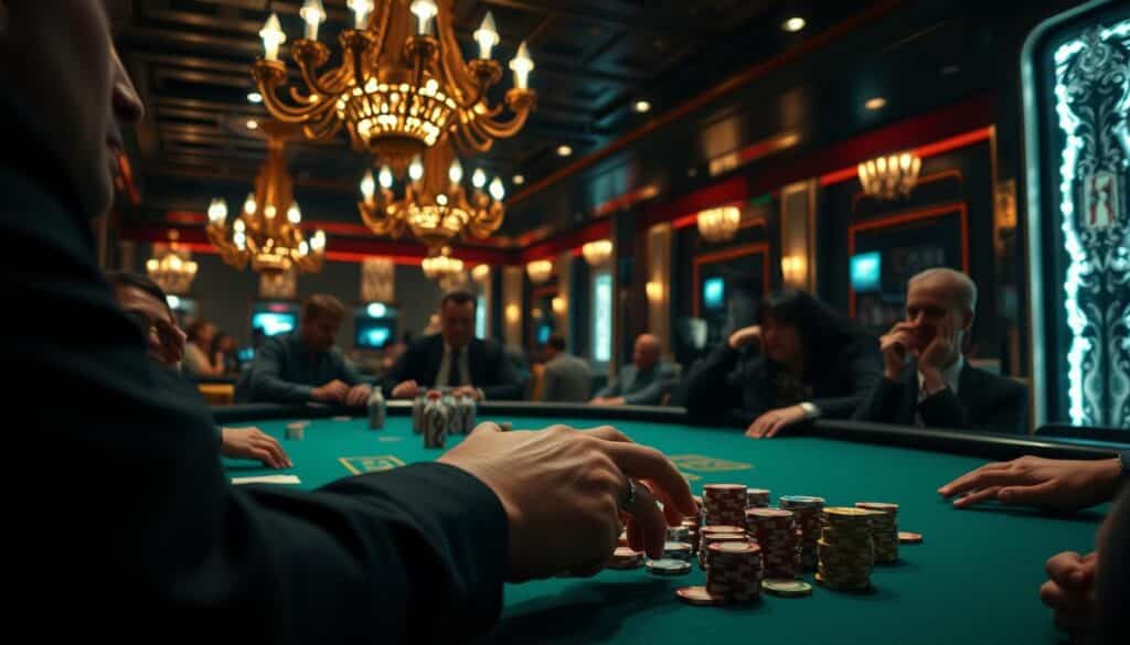 A dimly lit casino interior, with elegant chandeliers casting a warm glow on the green felt baccarat tables. In the foreground, a player's hands thoughtfully arranging casino chips, contemplating their next move. Behind them, other players lean in, intently focused on the game unfolding. The atmosphere is charged with anticipation, as the sound of cards being dealt and chips clinking fill the air. A sense of strategic precision and careful consideration pervades the scene, hinting at the importance of the baccarat betting strategies being employed. The camera angle is slightly elevated, providing an immersive, almost cinematic perspective on the tableau.