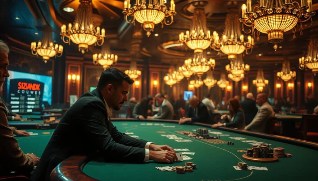 A dimly lit casino interior, with ornate chandeliers casting a warm glow over the baccarat tables. Seasoned players lean over the green felt, carefully observing the patterns of the cards as they are dealt, their faces etched with concentration. The air is thick with anticipation, the sound of chips being shuffled and the occasional murmur of a winning hand. In the foreground, a single player sits poised, their gaze fixed on the outcome, weighing the optimal moment to place their bets. The scene captures the essence of baccarat strategy, where timing is everything and the slightest edge can make all the difference.