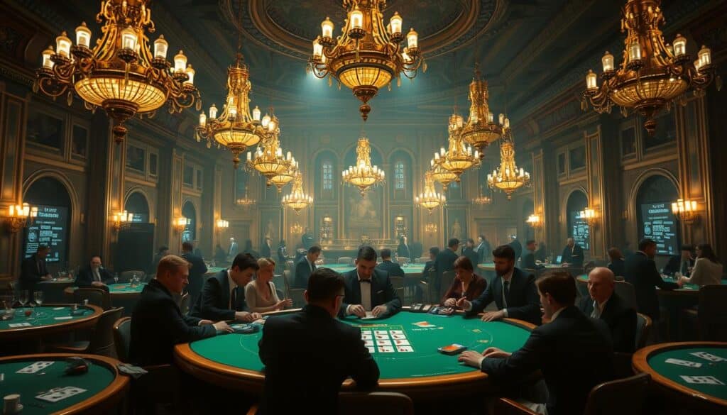 A dimly lit casino interior, with ornate chandeliers casting a warm glow over the gaming tables below. At the center, a baccarat table is surrounded by elegantly dressed patrons, their expressions intent as they place their bets. The table's green felt surface is meticulously maintained, and the dealer's hands deftly shuffle the cards. In the background, a sense of historical grandeur permeates the scene, hinting at the game's origins in 15th century Italy. The atmosphere is one of refined sophistication, where the allure of chance and the pursuit of winnings intersect with centuries of tradition.
