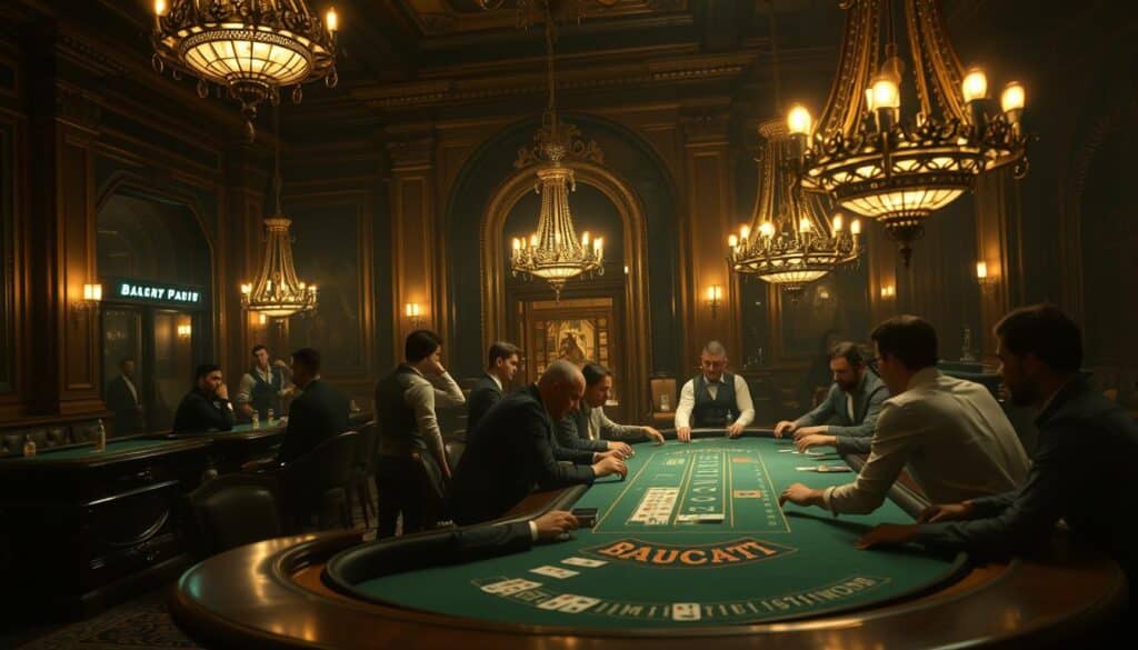 A dimly lit casino interior, with ornate chandeliers casting a warm glow over vintage wooden tables. In the foreground, players gather around the green felt of a baccarat table, their faces illuminated by the soft light as they intently observe the cards being dealt. The background features grand architectural details, suggesting the historical grandeur of this iconic gambling game. The scene evokes a sense of timeless sophistication and the allure of high-stakes gaming that has captivated players for centuries.