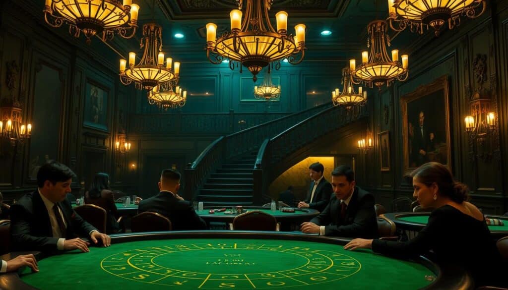 A dimly lit casino interior, with ornate chandeliers casting a warm glow. In the foreground, a felt-covered baccarat table, the green felt etched with the classic baccarat layout. Players in formal attire sit around the table, faces focused as they place their bets. In the background, a grand staircase leads up to a balcony, hinting at the history and grandeur of the establishment. Antique decor and artwork on the walls suggest an era of elegance and tradition. The scene conveys the timeless allure and mystique of the ancient game of baccarat, its origins steeped in centuries of gambling culture.