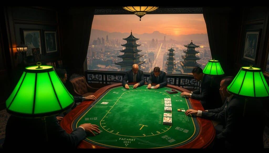 A dimly lit casino interior, with ornate wood paneling and plush velvet curtains. In the foreground, a mahogany baccarat table is illuminated by the soft glow of green-shaded lamps, its green felt surface worn from years of use. Around the table, a group of well-dressed players, their faces obscured by the shadows, intently focused on the cards being dealt. In the background, a panoramic view of an ancient city, its skyline dominated by ornate pagodas and traditional Chinese architecture, hinting at the game's venerable history. The scene is imbued with a sense of timelessness, as if this tableau has played out for centuries, the ritual of baccarat unfolding across generations.