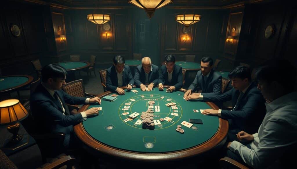 A dimly lit casino interior, with ornate wooden tables and green felt surfaces. The focus is on a centered baccarat table, surrounded by players in formal attire intently studying their cards. Soft lighting casts dramatic shadows, creating an atmosphere of high-stakes excitement. The camera angle is slightly elevated, giving a bird's-eye view of the strategically placed chips and cards. The players' expressions are intense, reflecting the mental calculations required to devise effective baccarat strategies. The background is hazy, blurring the details of the broader casino setting to emphasize the central gameplay. An air of sophistication and intellectual engagement pervades the scene.
