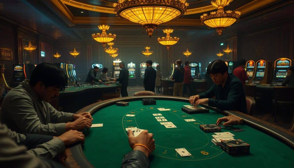 A dimly lit casino interior, with plush carpeting and gilded chandeliers casting a warm glow. In the foreground, a green baize-covered baccarat table, surrounded by players intently studying their cards. The dealer's hands deftly shuffles and deals, as tension builds in the air. In the middle ground, other gamblers hover around tables, their faces illuminated by the glow of slot machines. The background is hazy, with a sense of anticipation and the faint sounds of chips clinking and cards shuffling. The overall atmosphere is one of high-stakes excitement and strategic contemplation, capturing the essence of the "實戰案例" at the heart of the baccarat game.