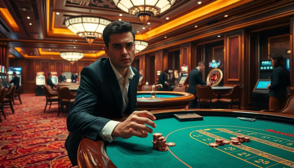 A dimly lit casino interior, with plush carpeting and mahogany-toned furnishings. At the center, a gleaming wooden baccarat table, its green felt surface inviting players to try their luck. Dealers in crisp uniforms stand ready, expertly shuffling cards and spinning the roulette wheel. The air is thick with anticipation, punctuated by the occasional sounds of chips clinking and slot machines chiming. In the foreground, a well-dressed individual leans over the table, fingers gripping a handful of casino chips, their expression exuding a mixture of concentration and excitement as they contemplate their next move, poised to claim the coveted baccarat game winnings.