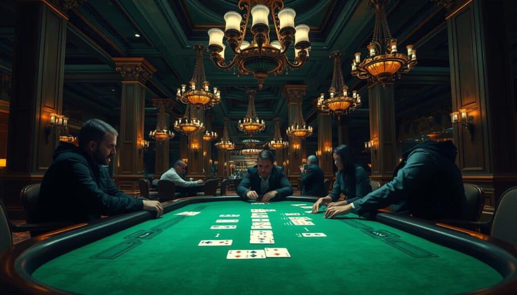 A dimly lit casino interior, with plush carpeting and ornate chandeliers casting a warm glow. In the foreground, a baccarat table is the focal point, its green felt surface pristine and inviting. Cards are dealt with precision, as players lean in, their faces etched with concentration. Behind the table, towering columns and high ceilings suggest a sense of grandeur and exclusivity. The overall atmosphere is one of quiet intensity, where the thrill of the game is palpable, and the promise of strategic mastery is ever-present.