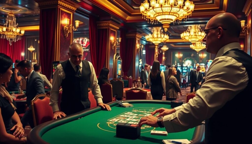 A dimly lit casino interior, with plush red velvet curtains and golden chandeliers casting a warm glow. At the center, a verdant baize-covered baccarat table, surrounded by attentive players leaning in, expressions focused. In the foreground, a dealer in a crisp white shirt and black vest, hands deftly dealing cards, guiding a newcomer through the basic rules and strategies of the game. The newcomer, dressed in smart casual attire, observes keenly, brow furrowed in concentration. The background features the bustling activity of the casino, with patrons moving through the lavish space, the faint sounds of slot machines and muted conversations adding to the atmosphere of anticipation and excitement.