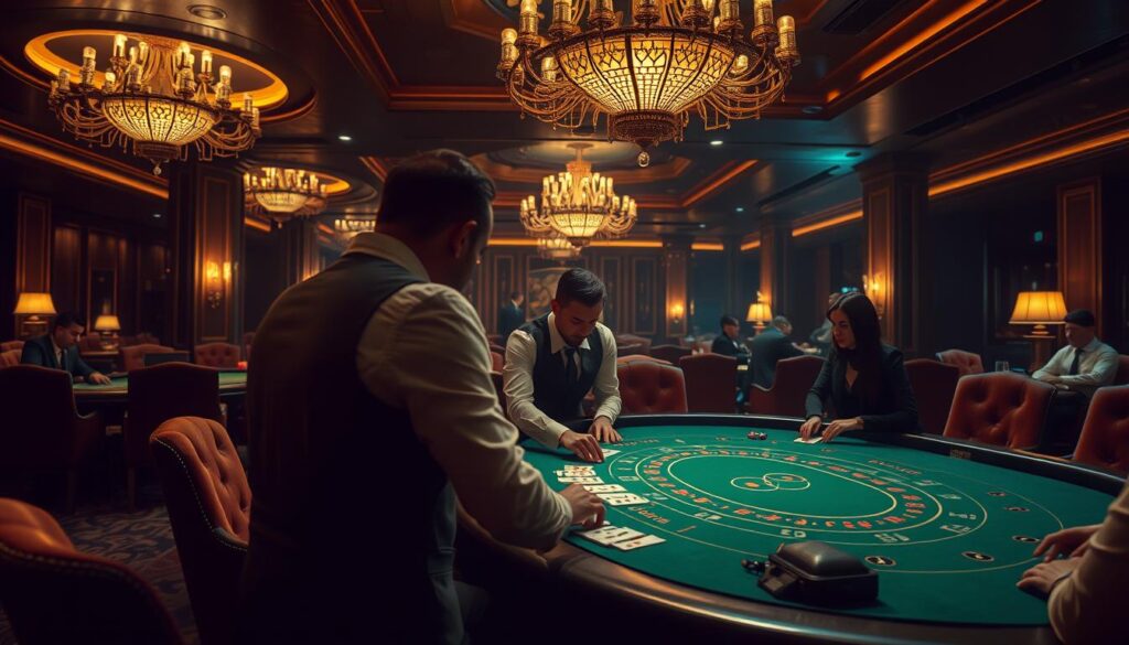 A dimly lit casino interior, with plush velvet chairs and a green felt-covered baccarat table in the center. Elegant chandeliers cast a warm, golden glow across the scene. On the table, a dealer in a crisp white shirt and black vest deals cards to players, their faces obscured in shadow. The atmosphere is one of high-stakes excitement and anticipation, capturing the essence of the classic baccarat game. The composition emphasizes the table and players, with the background blurred to maintain focus on the core action. A sense of mystery and exclusivity permeates the image, reflecting the allure of this time-honored casino pastime.