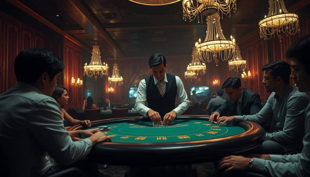 A dimly lit casino interior, with plush velvet-lined walls and ornate chandeliers casting a warm glow. In the center, a green felt-topped baccarat table stands out, inviting players to take their seats. The dealer, dressed in a crisp white shirt and black vest, shuffles the cards with practiced precision, while players lean in, anticipation etched on their faces. The atmosphere is one of tension and excitement, as the game unfolds with the roll of the dice and the flip of the cards. The image captures the essence of the baccarat experience, inviting the viewer to step into the thrilling world of casino gaming.