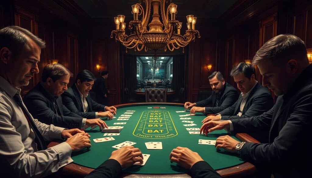 A dimly lit casino interior, with rich mahogany furniture and a green felt-covered baccarat table in the center. The table is surrounded by serious-faced players intently studying their cards, their expressions reflecting deep concentration. Soft, warm lighting casts dramatic shadows, creating an atmosphere of high-stakes intensity. In the background, a large, ornate chandelier hangs overhead, casting a gentle glow on the scene. The composition emphasizes the focal point of the baccarat table, with players' hands and cards taking center stage, hinting at the strategies and techniques needed to improve one's chances of winning at this classic casino game.