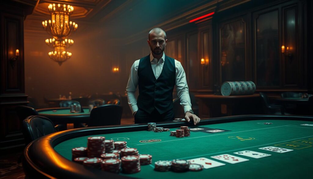 A dimly lit casino interior, with rich mahogany furniture and a sense of exclusivity. In the foreground, a green baize table adorned with casino chips and a deck of cards, exuding an air of mystery and high-stakes gaming. The dealer, dressed in a crisp white shirt and black vest, stands poised, ready to reveal the secrets of Baccarat to a discerning player. Soft, warm lighting casts a glow over the scene, creating an atmosphere of sophistication and strategic thinking. The background fades into a hazy, indistinct realm, drawing the viewer's focus to the central table and the skilled hands of the Baccarat master.