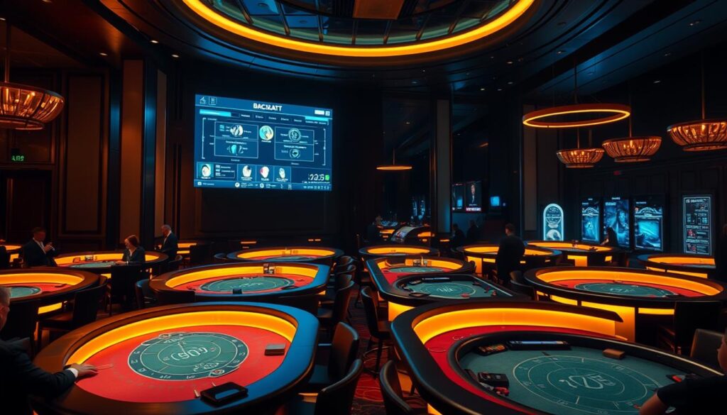 A dimly lit casino interior with rows of baccarat tables, each illuminated by soft amber lighting. The tables are positioned in a contrast to a modern, sleek online gaming interface displayed on a large screen in the background, showcasing the comparison between traditional and digital gambling experiences. The casino environment exudes an air of exclusivity, with well-dressed patrons engaged in the thrilling game of baccarat. The online interface presents a more streamlined, technology-driven approach, highlighting the convenience and accessibility of modern digital gambling platforms. The overall scene conveys the juxtaposition between the timeless allure of a physical casino and the evolving landscape of online gaming.