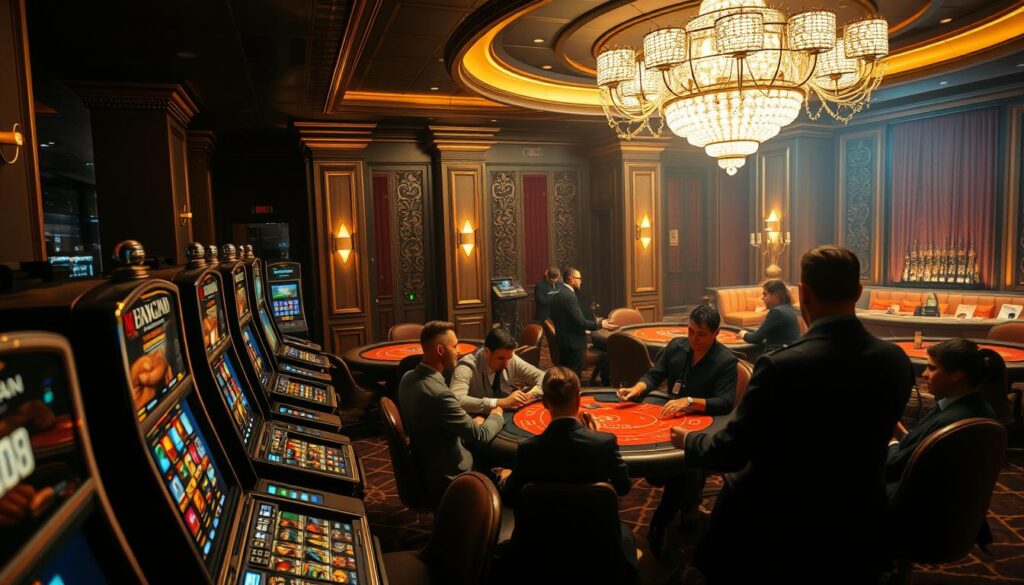 A dimly lit casino interior, with rows of slot machines and gaming tables in the foreground. In the middle ground, well-dressed patrons are engaged in lively games of baccarat, their expressions intense as they study the cards. The background features a opulent bar and lounge area, with plush velvet furnishings and a glittering chandelier overhead, casting a warm glow across the scene. The overall mood is one of sophisticated elegance and high-stakes excitement, capturing the essence of the casino entertainment industry. Realistic details, cinematic lighting, and a sense of depth and atmosphere.