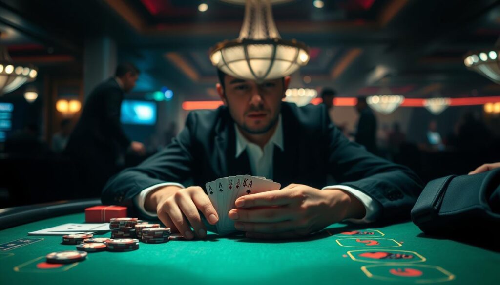 A dimly lit casino interior, with soft lighting illuminating the green felt of a baccarat table. In the foreground, a player's hands hold a stack of chips, their face partially obscured by the cards they are considering. The background is hazy, with the faint silhouettes of other players and dealers visible, creating a sense of intensity and psychological focus. The image conveys the strategic mindset and calculated decision-making inherent in the game of baccarat, capturing the essence of the "winning psychology" explored in the article.