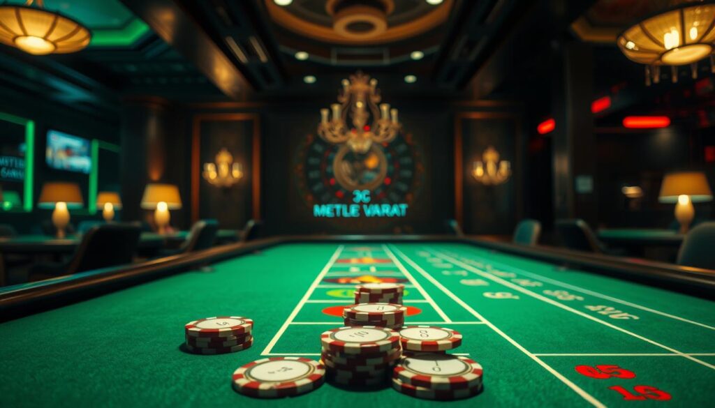 A dimly lit casino interior, with the elegant green felt of a baccarat table in the foreground. The table is adorned with classic casino chips in a neat arrangement, showcasing the odds and payouts for the different baccarat betting options. In the background, a soft glow emanates from the table lamps, creating a warm, inviting atmosphere. The scene is captured from a slightly elevated angle, giving a sense of depth and perspective to the image. The overall mood is one of sophistication and strategic contemplation, reflecting the key points of the baccarat game's rules and winning strategies.