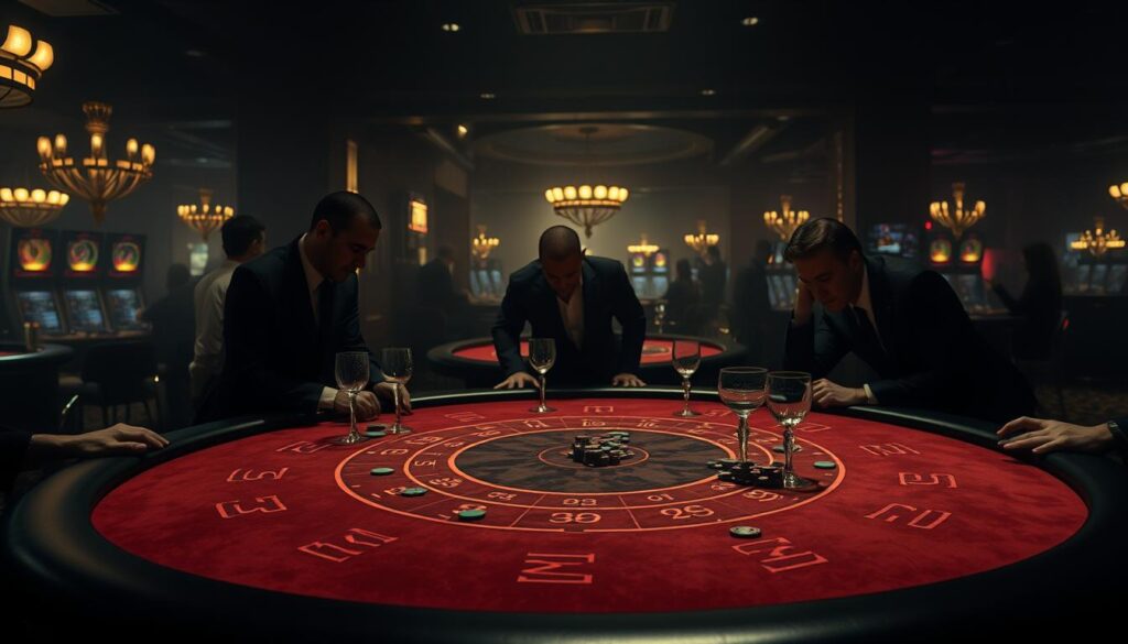 A dimly lit casino interior, with the felt-covered baccarat table as the focal point. Muted colors and dramatic chiaroscuro lighting create an air of mystery and intensity. On the table, elegant glassware and a scattering of casino chips suggest the high-stakes nature of the game. Around the table, shadowy figures lean in, their faces obscured, creating a sense of anticipation and intrigue. The background is hazy, with the faint glow of casino lights and the silhouettes of other gaming tables visible in the distance, suggesting the larger atmosphere of the casino. The overall mood is one of high-stakes, thoughtful strategy, and the thrill of the game.