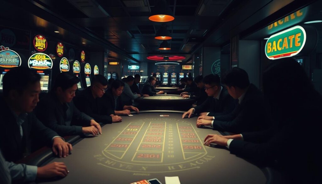 A dimly lit casino interior, with the focus on a baccarat table. The table is surrounded by a group of players, their faces obscured by shadows, creating a sense of tension and anticipation. The lighting is low and moody, casting dramatic shadows across the table, emphasizing the strategic nature of the game. In the background, the faint sounds of slot machines and murmuring chatter create an atmosphere of hushed intensity. The camera angle is slightly elevated, giving the viewer a sense of the challenges and obstacles players face in elevating their baccarat game rankings within the competitive Taiwanese market.